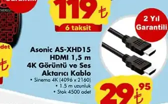 Asonic As-Xhd15 Hdmo 1,5M 4K Görüntü Ve Ses Aktarıcı Kablo