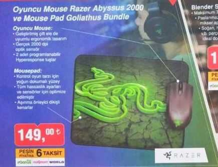 Oyuncu Mouse Razer Abyssus 2000 ve Mouse Pad Goliathus Bundle