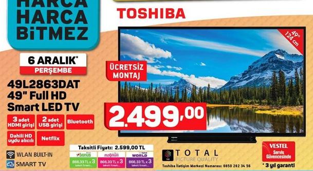 Toshiba 49L2863DAT 49 Full HD Smart Led Tv
