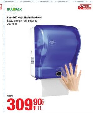 RULOPAK Sensörlü Kağıt Havlu Makinesi Beyaz ve mavi renk seçeneği