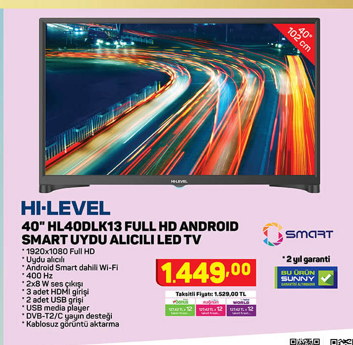 Hi-Level 40 inç HL40DLK13 Full Hd Android Smart Uydu Alıcılı Led TV