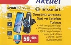 Smartsensor Linksmart Sensörlü Wireless Şarj ve Telefon Tutucu