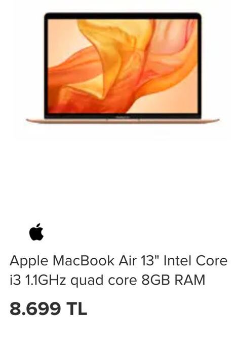 Apple MacBook Air 13'Intel Core i3 1.1GHz guad core 8GB RAM