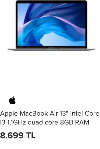 Apple MacBook Air 13 Intel Core i3 1.1GHz guad core 8GB RAM