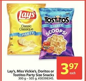 Lays Miss Vickies Doritos or Tostitos Party Size Snacks