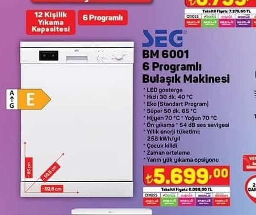 SEG BM 6001 6 Programlı Bulaşık Makinesi