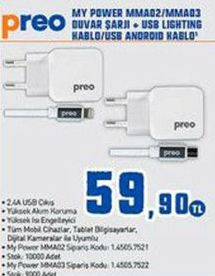 Preo My Power MMA02 MMA03 Duvar Şarjı USB Lighting Kablo USB Android Kablo